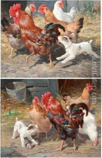Chickens And Puppies In A Farmyard Oil Painting - Claude Cardon