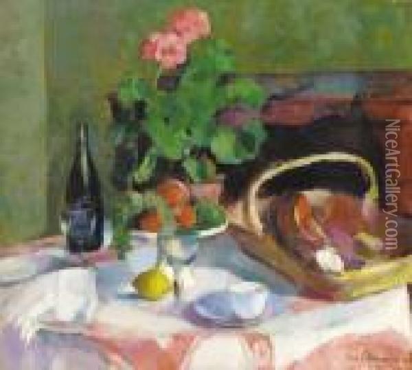 Un Geranium En Pot Avec Des Fruits, Du Pain Et Une Bouteille De Vin Sur La Table Oil Painting - Henri Ottmann