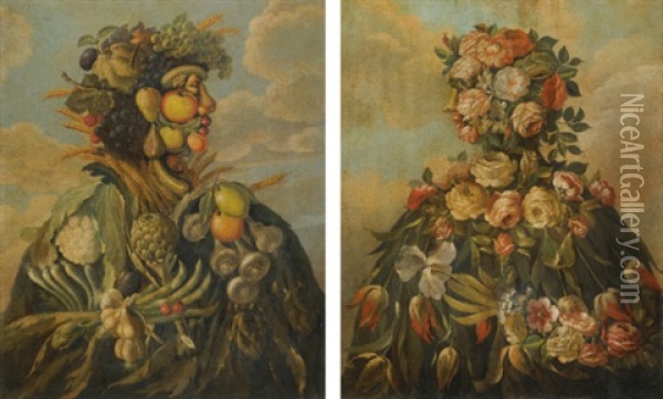 An Anthropomorphic Still-life Profile Of A Man (+ An Anthropomorphic Still-life Profile Of A Woman; Pair) Oil Painting - Giuseppe Arcimboldo
