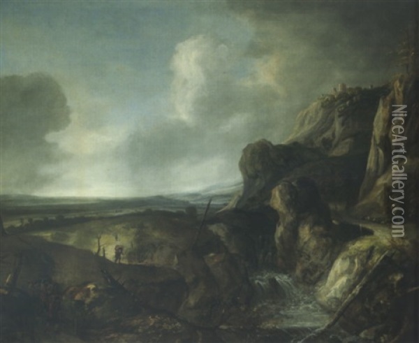 A Mountainous River Landscape With Travellers On A Path Overlooking A Waterfall, A Ruined Castle On An Outcrop Beyond Oil Painting - Jan Looten