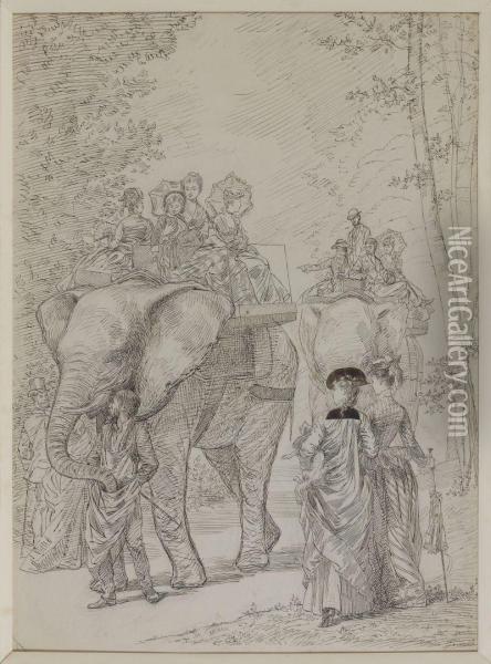 Promenade En Elephant Au Jardin Des Plantes Oil Painting - Pierre Gavarni