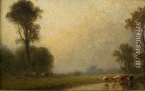 A Water Meadow With Cattle Oil Painting - George A. Boyle