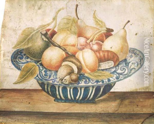 Funghi, Albicocche, Pere E Altri Frutti In Una Fruttiera Di Delft Oil Painting - Octavianus Montfort