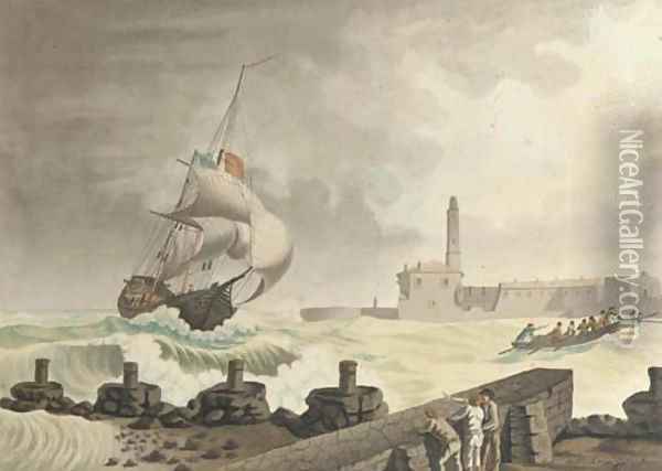 A French brig riding the swell at the entrance to the port of Cette, observed from La Pointe Richelieu Oil Painting - Joseph Roux