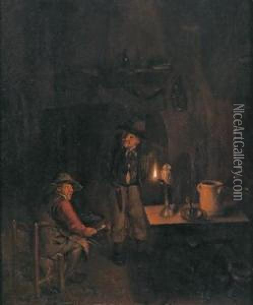 Interno Illuminato Da Candele Con Due Uomini Oil Painting - Richard Brakenburgh