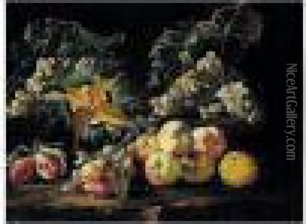A Still Life Of Peaches, Grapes, Plums, And A Melon In A Landscape Oil Painting - Bartolomeo Castelli Spadino