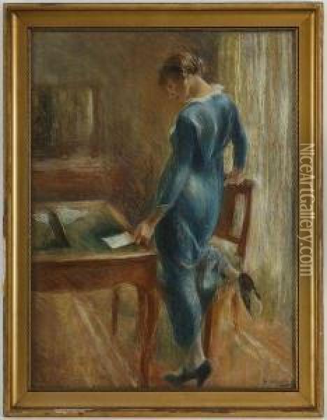 Jeune Femme Debout Lisant Une Lettre Oil Painting - Otto Vautier