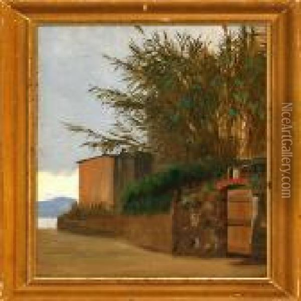 Italian Street Scene With A View Towards The Sea Oil Painting - J.E. Carl Rasmussen