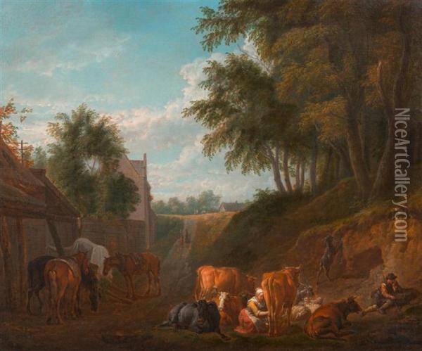 Vor Der Scheune Mit Milchmagd Und Kuhen Oil Painting - Pieter van Bloemen
