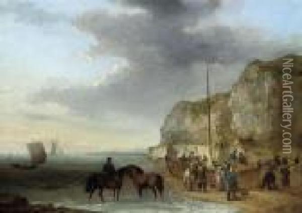 A Gentleman Resting His Horses 
In The Shallows With Fisherfolk On The Foreshore Unloading The Catch Oil Painting - William Anderson