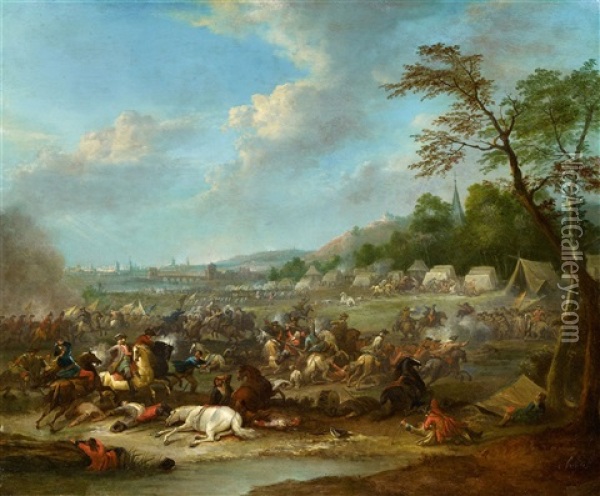 An Encampment And Cavalry Battle Before A Town Oil Painting - Karel Breydel