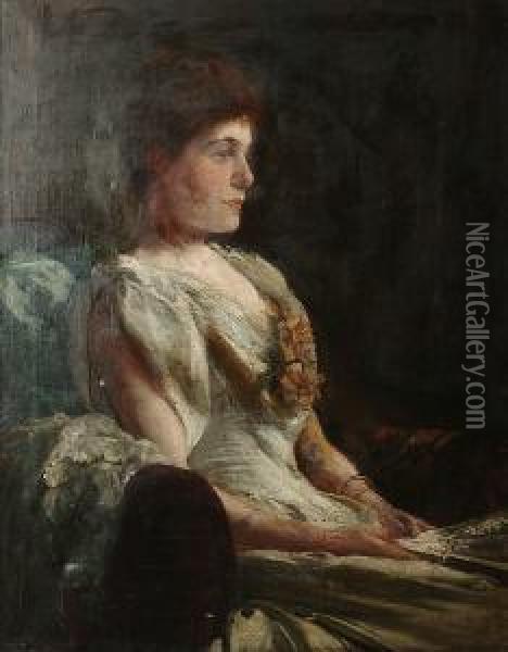 Portrait Of A Lady Seated, Wearing A White Dress With A Flower Corsage, Holding A Fan Oil Painting - Charles Edward Marshall
