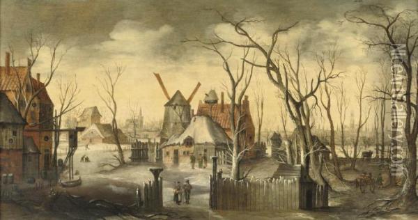 A Village In Winter With Figures
 At Their Daily Activities, A Viewof A Town, Said To Be Bruges, In The 
Background Oil Painting - Joos De Momper