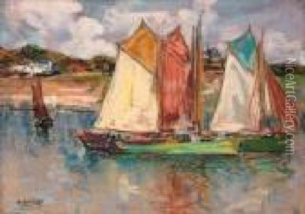 A Flotilla Of Sailing Boats Off The Coast Oil Painting - Henri Guinier