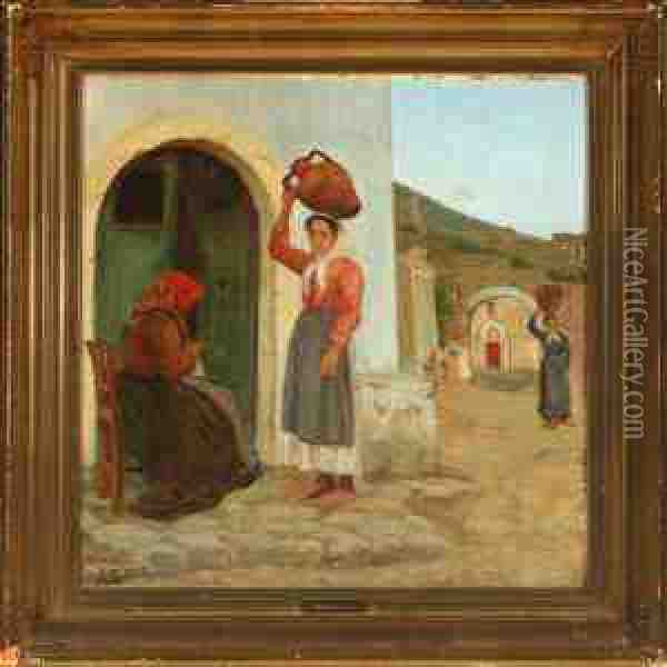 Italian Village Scenery With Women Fetching Water By The Well Oil Painting - Sophie Petersen