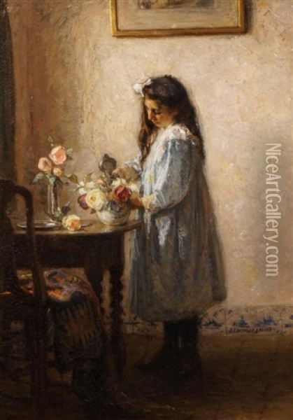 Girl Standing Beside A Table With A Flower Vase Oil Painting - Johann Jan Zoetelief Tromp