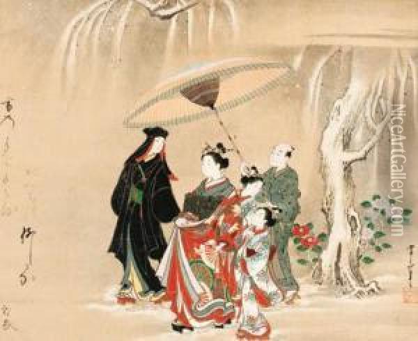 A Courtesan Procession In The Snow Oil Painting - Kawamata Tsunemasa