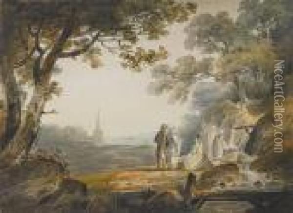 Villagers Near A Washing Place C. 1810 Oil Painting - William Payne