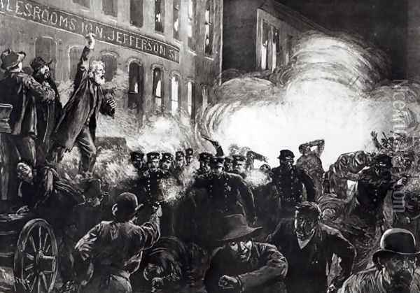 The Anarchist Riot in Chicago- A Dynamite Bomb Exploding Among the Police, from Harpers Weekly Oil Painting - Thure de Thulstrup