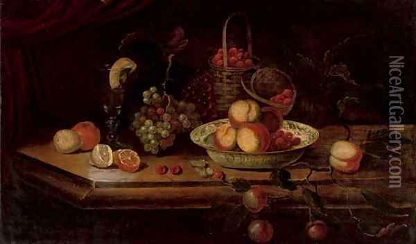 Peaches and berries in a Wanli kraak porcelain bowl with grapes, a peeled lemon and orange, a roemer and a basket of strawberries on a ledge Oil Painting - Osias, the Elder Beert