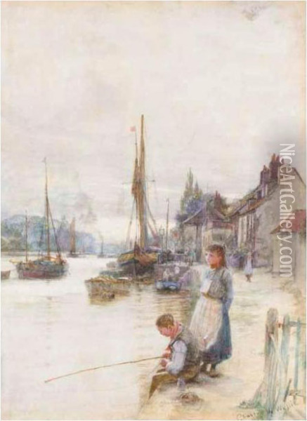 Fishing Off The Quayside Oil Painting - Charles William Wyllie