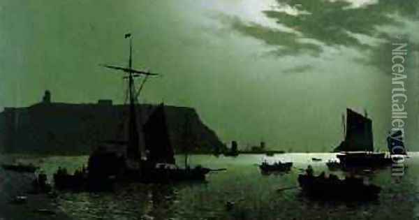 Scarborough Castle Hill and Harbour by Moonlight 1876 Oil Painting - H. P. Newmanns