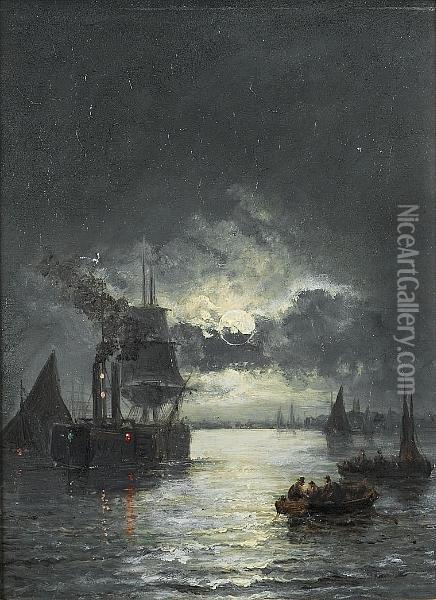 Moonlight On The Thames Oil Painting - William A. Thornley Or Thornber