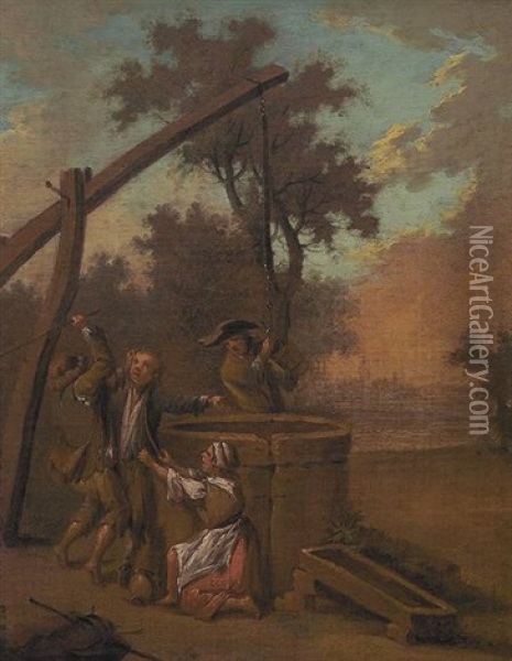 Streitende Wanderer An Einem Brunnen Oil Painting - Johann Conrad Seekatz