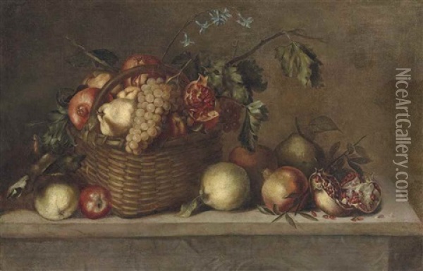 Pears, Pomegranates And Grapes In A Basket And Other Fruit On A Stone Ledge Oil Painting - Antonio Ponce