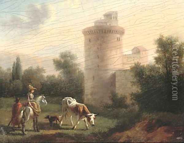 A landscape with a lady on horseback, classical building beyond Oil Painting - Jan Asselyn