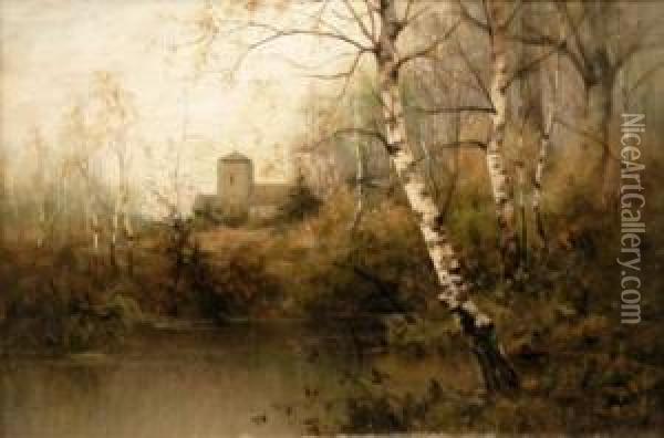 View Through A Birch Wood Towards A Church Oil Painting - Theodore Hines