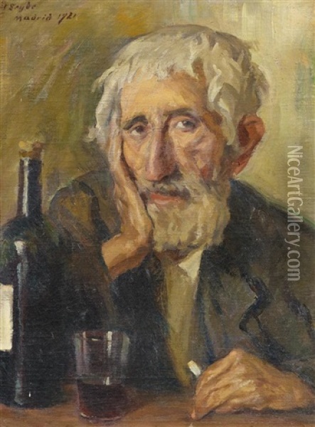 Alter Spanier Beim Wein Oil Painting - Kurt Leyde