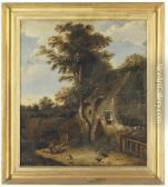 A Landscape With Figures In Front Of A Farmhouse Oil Painting - Cornelius Decker