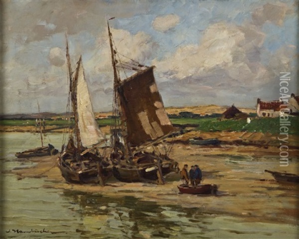Kustenlandschaft Mit Fischerbooten Oil Painting - Wilhelm Hambuechen