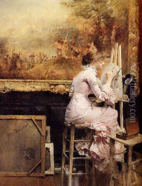 Young Watercolourist In The Louvre Oil Painting - Pascal-Adolphe-Jean Dagnan-Bouveret