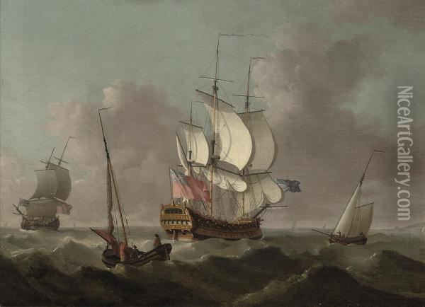 Ships Of The Fleet Passing In A Heavy Swell Oil Painting - Thomas Mellish