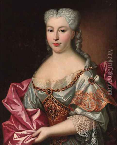 Portrait of a lady, half-length, wearing a white embroided dress with lace trim and a pink wrap Oil Painting - Antoine Pesne