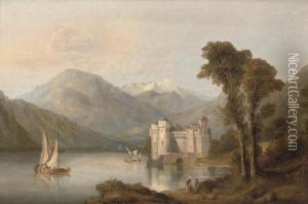 Figures Resting Beside An Alpine Lake, A Castle Beyond Oil Painting - George Clarkson Stanfield