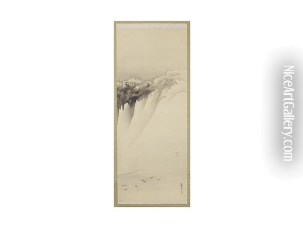 Snow Piled Mountain And Flying Birds Over The River Oil Painting - Hashimoto Gaho
