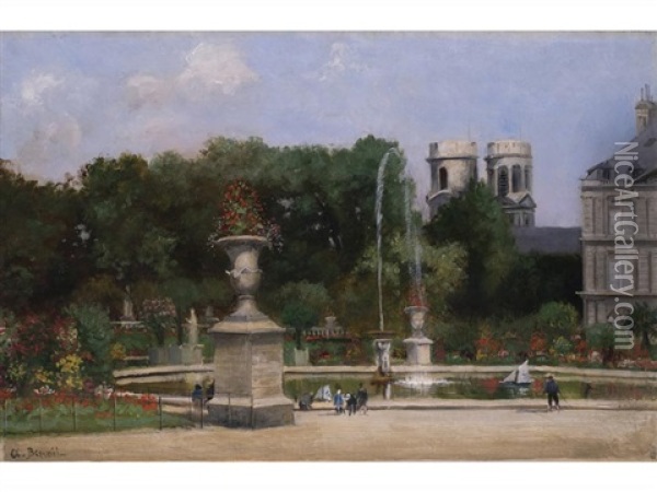 Ansicht Eines Herrschaftlichen Parks Mit Springbrunnenbassin, Grossen Vasen Und Einer Doppelturmen Kirche Im Hintergrund Oil Painting - Antoine Benoist
