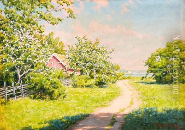 Sommarlandskap Med Blommande Frukttrad Oil Painting - Johan Fredrik Krouthen