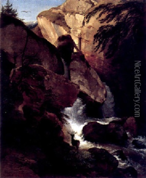 Salzburger Landschaft Mit Wasserfall Und Einem Hirschen Im Vordergrund Oil Painting - Johann Fischbach
