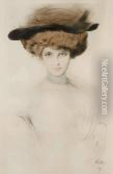 Elegante Au Chapeau De Plumes Oil Painting - Paul Cesar Helleu