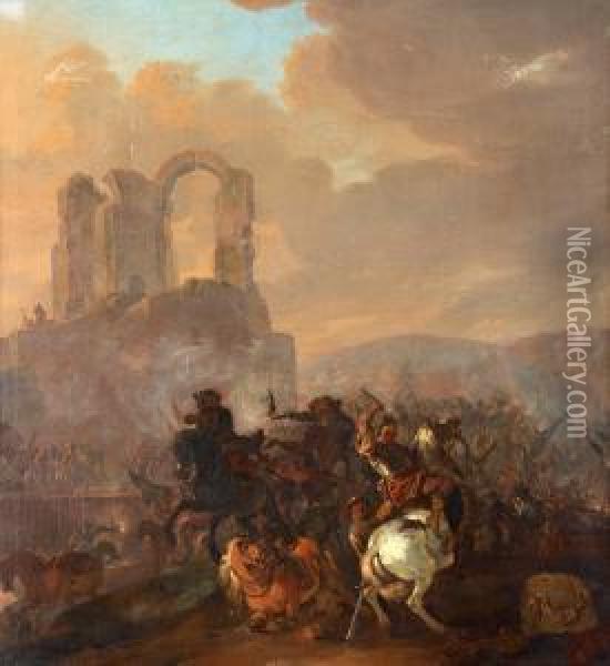 Battle Scene In A Ruin Landscape Oil Painting - Hermann Van Lin