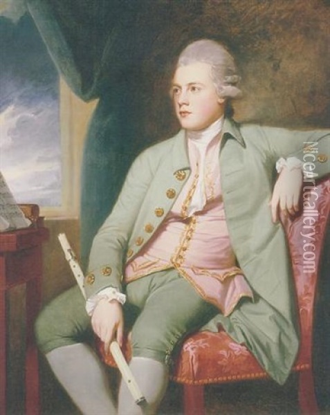 Portrait Of Francis Lind Seated Before A Music Stand, In A Powdered Wig, A Green Coat And Breeches And A Pink Waistcoat Embroidered With Gold, Holding A Flute, By An Open Window Oil Painting - George Romney