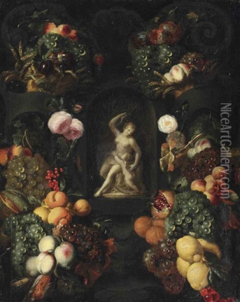 A Sculpture Of Venus And Amor, Surrounded By A Garland Of Roses And Fruit Oil Painting - Alexander Coosemans