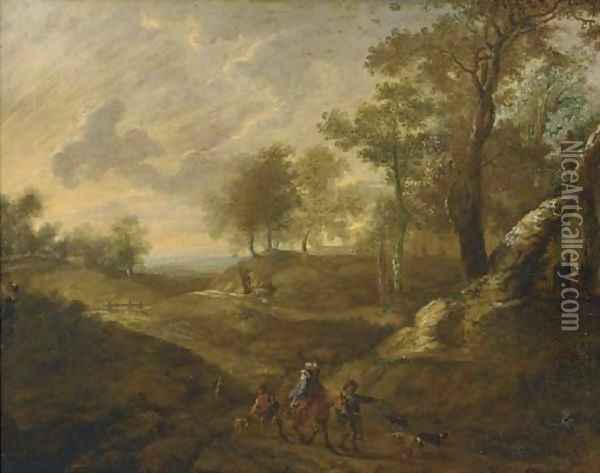 A wooded landscape with huntsmen on a path Oil Painting - Lucas Van Uden