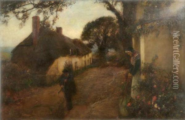 Figures On A Village Lane At Dusk Oil Painting - John White
