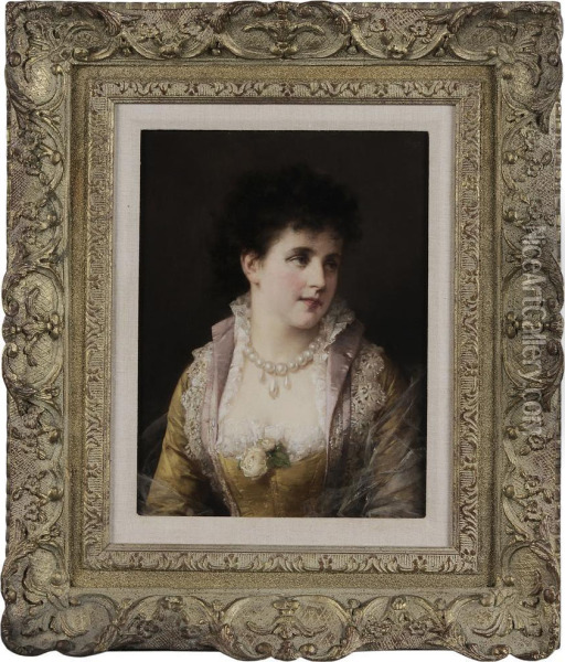 Portrait Of A Young Beauty In Pearls And Lace Oil Painting - Otto Erdmann