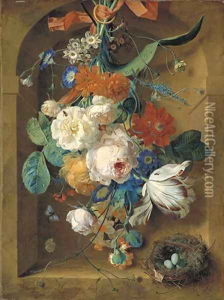A festoon of flowers hanging from a red ribbon in a stone niche with a bird's nest Oil Painting - Jan Van Huysum